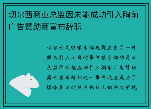 切尔西商业总监因未能成功引入胸前广告赞助商宣布辞职